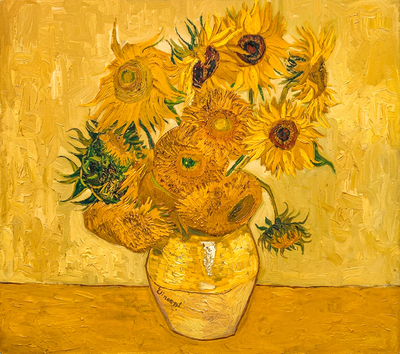 Detailgetreue Kunstkopie des Gemäldes „Sonnenblumen“ von Vincent van Gogh in Ölmalerei. Die leuchtend gelben Sonnenblumen stehen in einer Vase vor warmem Hintergrund und vermitteln klassische Eleganz, künstlerische Tiefe und eine wohnliche Atmosphäre.